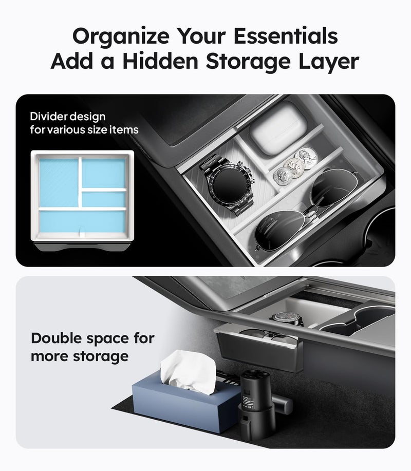 Wigoo Tesla New Model Y Juniper & Model 3 Center Console Organizer [Double Layer Space, Slide smoothly] Model 3 (2024~2025)/New Model Y Juniper Accessories, 4PCS White - Image 4
